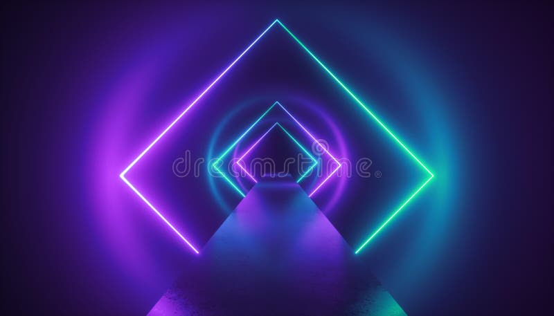 3d render, virtual reality environment, neon light on fashion catwalk podium, square esoteric portal, tunnel, corridor, ultraviolet abstract background, laser show, path, way, stage, floor reflection. 3d render, virtual reality environment, neon light on fashion catwalk podium, square esoteric portal, tunnel, corridor, ultraviolet abstract background, laser show, path, way, stage, floor reflection
